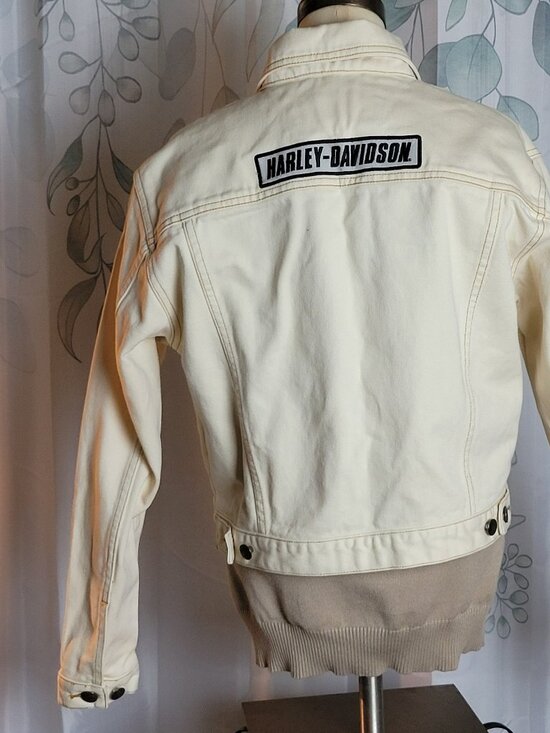 Women's Small Harley Davidson Off White Cream Denim Jacket - Picture 3 of 8